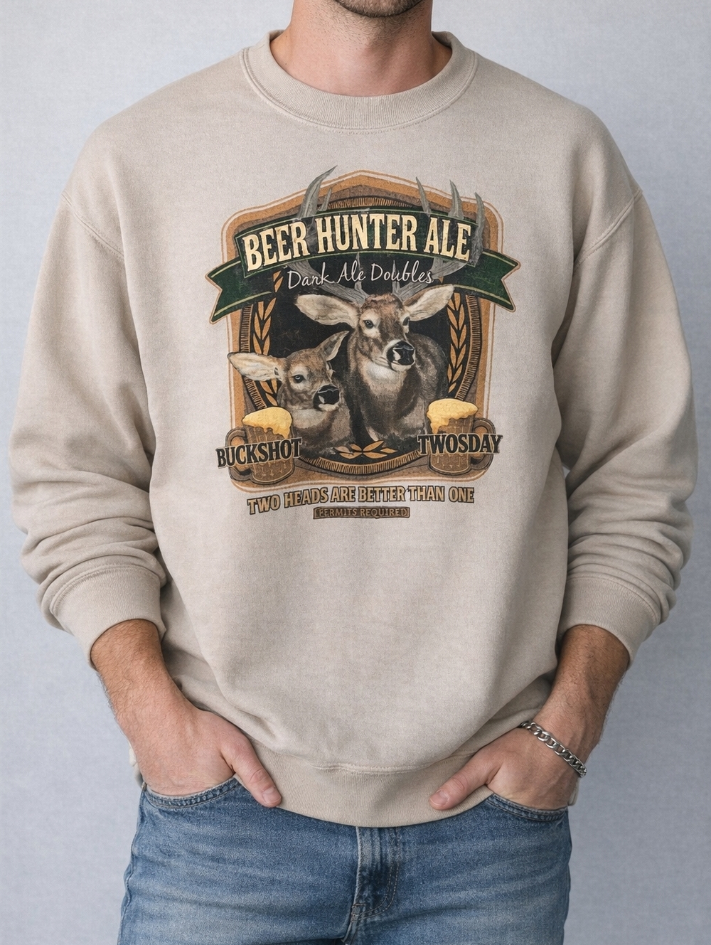 Puritan Beer Hunter Ale Graphic Sweatshirt Beige Crewneck Deer Print Vintage Sty - Picture 10 of 10